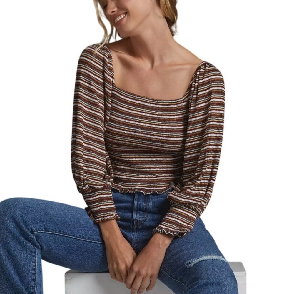 ANTHROPOLOGIE Smocked Puff Sleeve Brown Striped Square Neck Lettuce Edge‎ Top XS